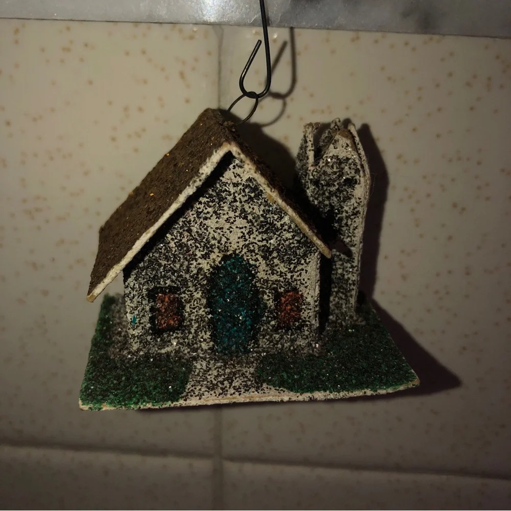Vintage Paper‎ Cardboard Glitter Church House Christmas Tree Ornament Japan Made